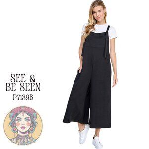P7189B SEE & BE SEEN Black Textured Cropped Wide Leg Jumper Overalls